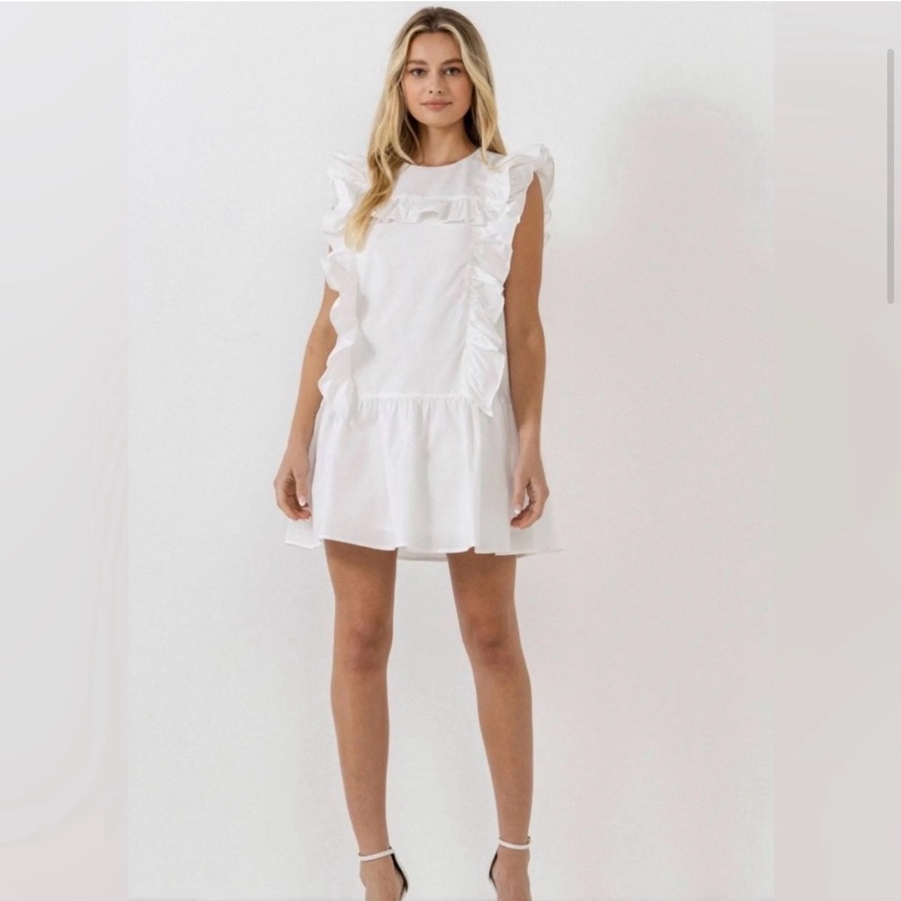 English Factory White Ruffle Trim Mini Dress - size Small